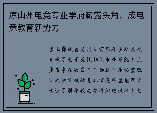 凉山州电竞专业学府崭露头角，成电竞教育新势力