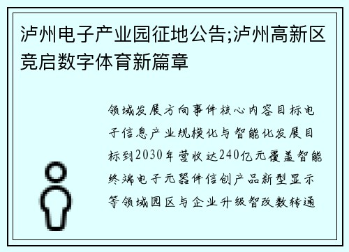 泸州电子产业园征地公告;泸州高新区竞启数字体育新篇章